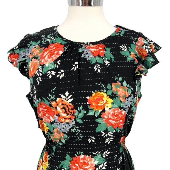Walter Baker Floral Asymmetric Dress Ruffled Shoulders Black Multi Size Large - Picture 2 of 14